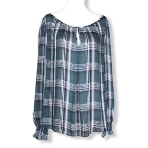 Max Studio Sheer Green Plaid Peasant Top Large